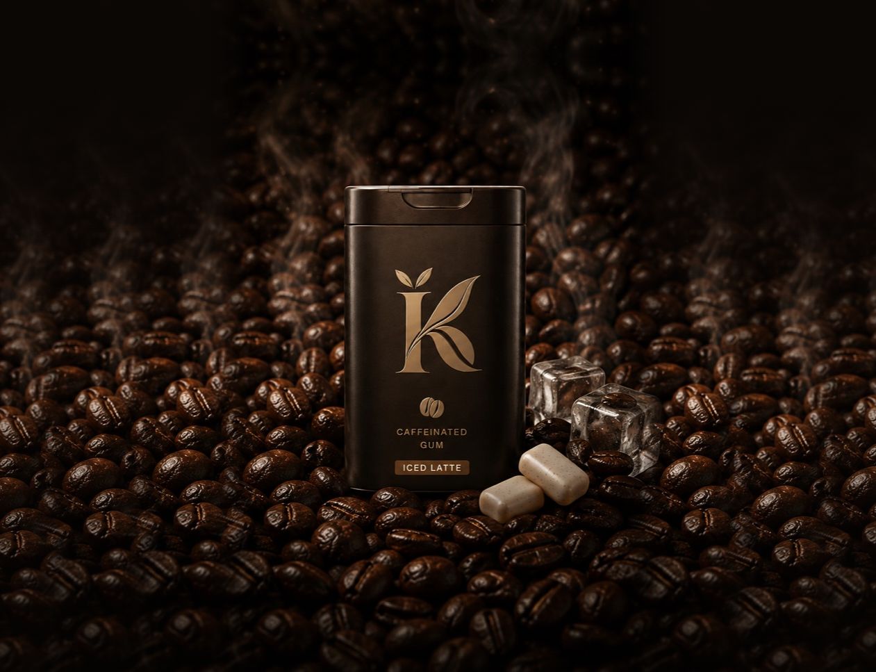 A tin of Kaffgum Iced Latte caffeinated gum, standing on roasted coffee beans