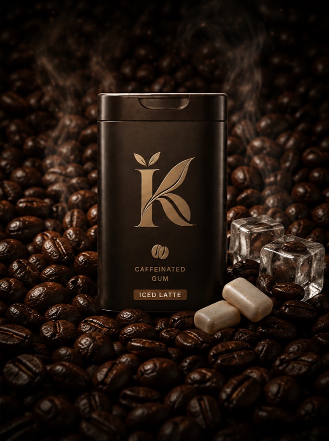 A tin of Kaffgum Iced Latte caffeinated gum, standing on roasted coffee beans
